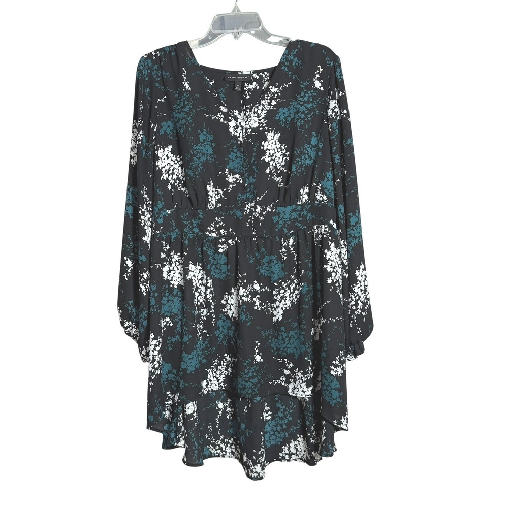 Lane Bryant Floral V-Neck Empire Waist High-Low Tunic Top Black Teal Size 16